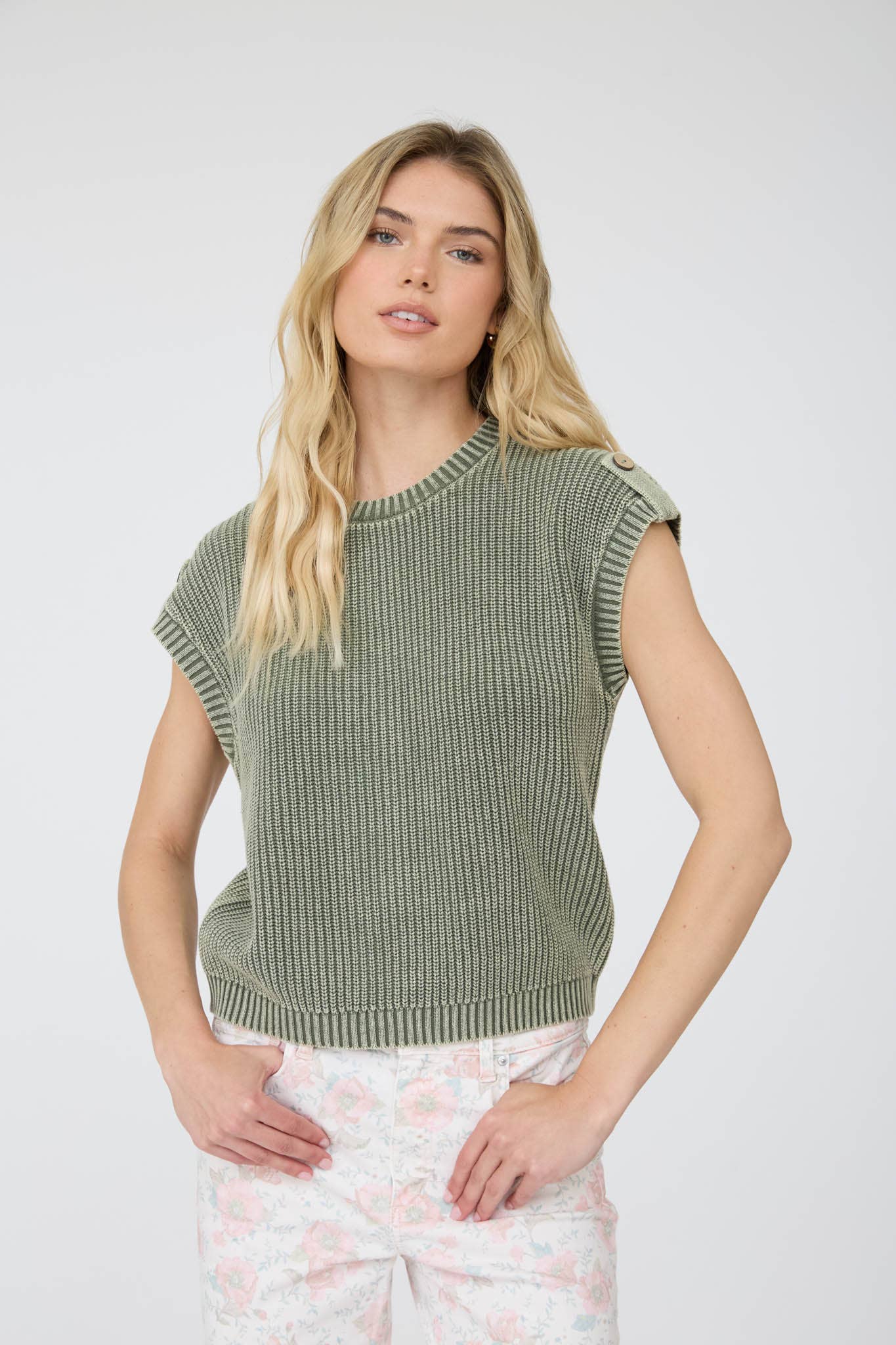 Olive Acid Washed Back Button Top