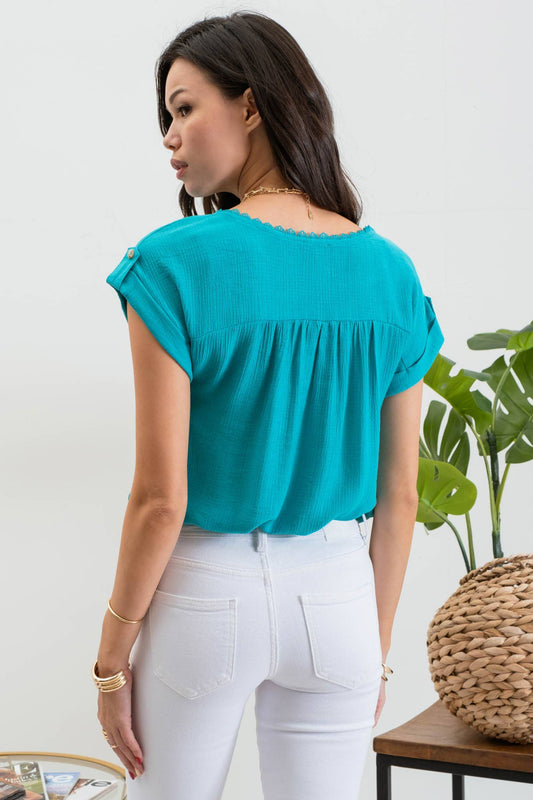 TEAL LACE TRIM BLOUSE