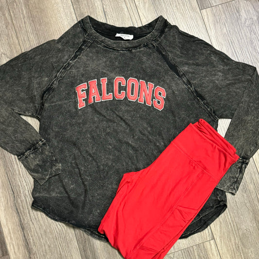 FALCONS PUFF PRINT CRINKLE WASHED THUMB HOLE CUFFS LONG SLEEVE TOP