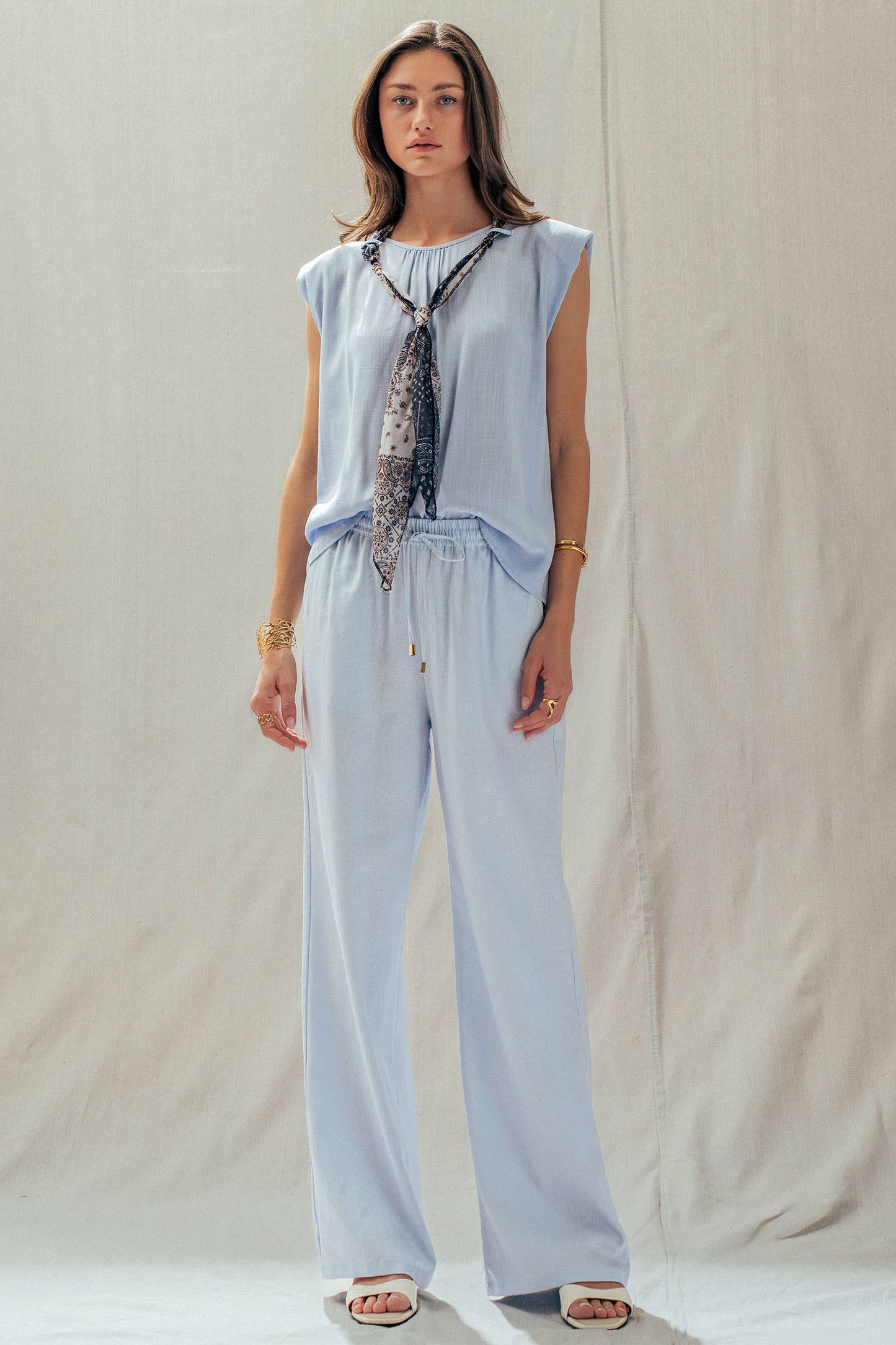 Blue Linen Blend Wide Leg Drawstring Pants