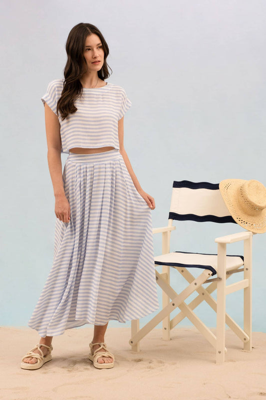 BLUE STRIPE HIGH WAIST MIDI SKIRT