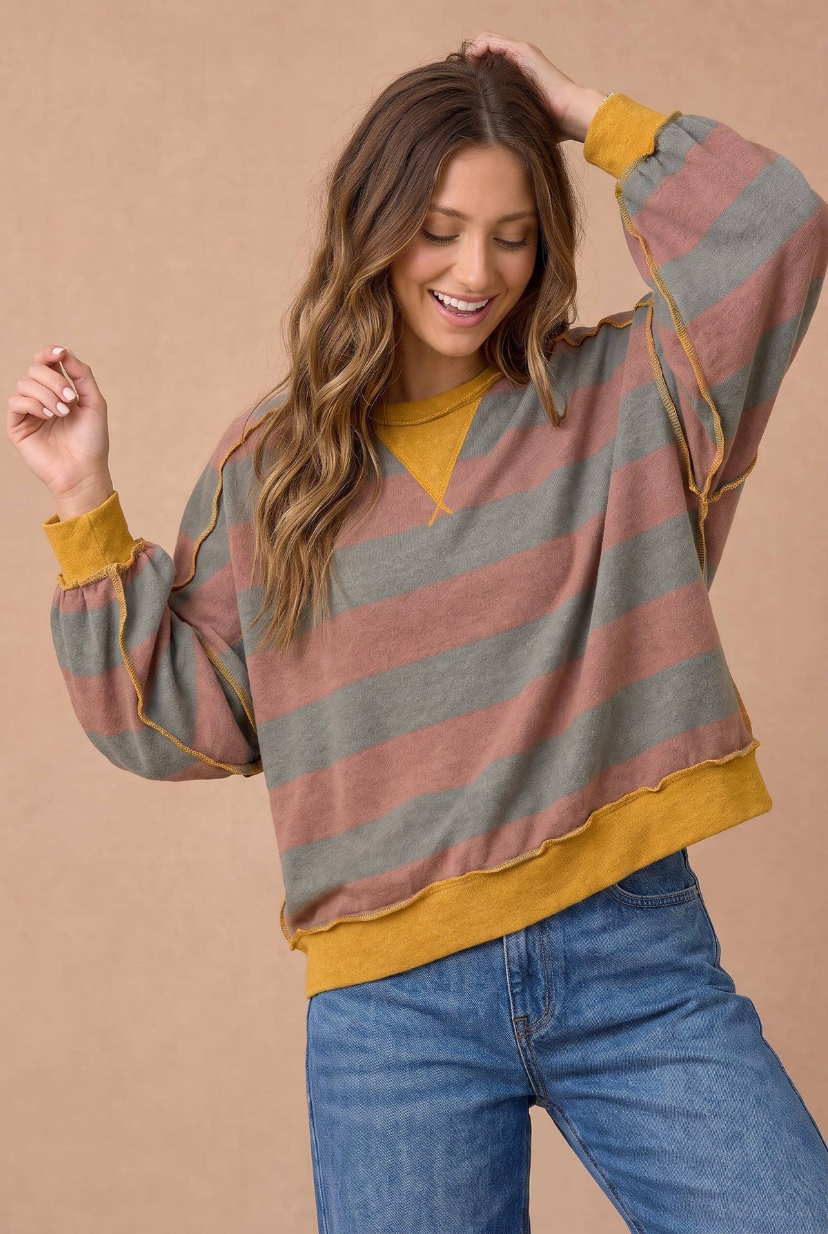 Cider Striped Color Block Hacci Pullover Top