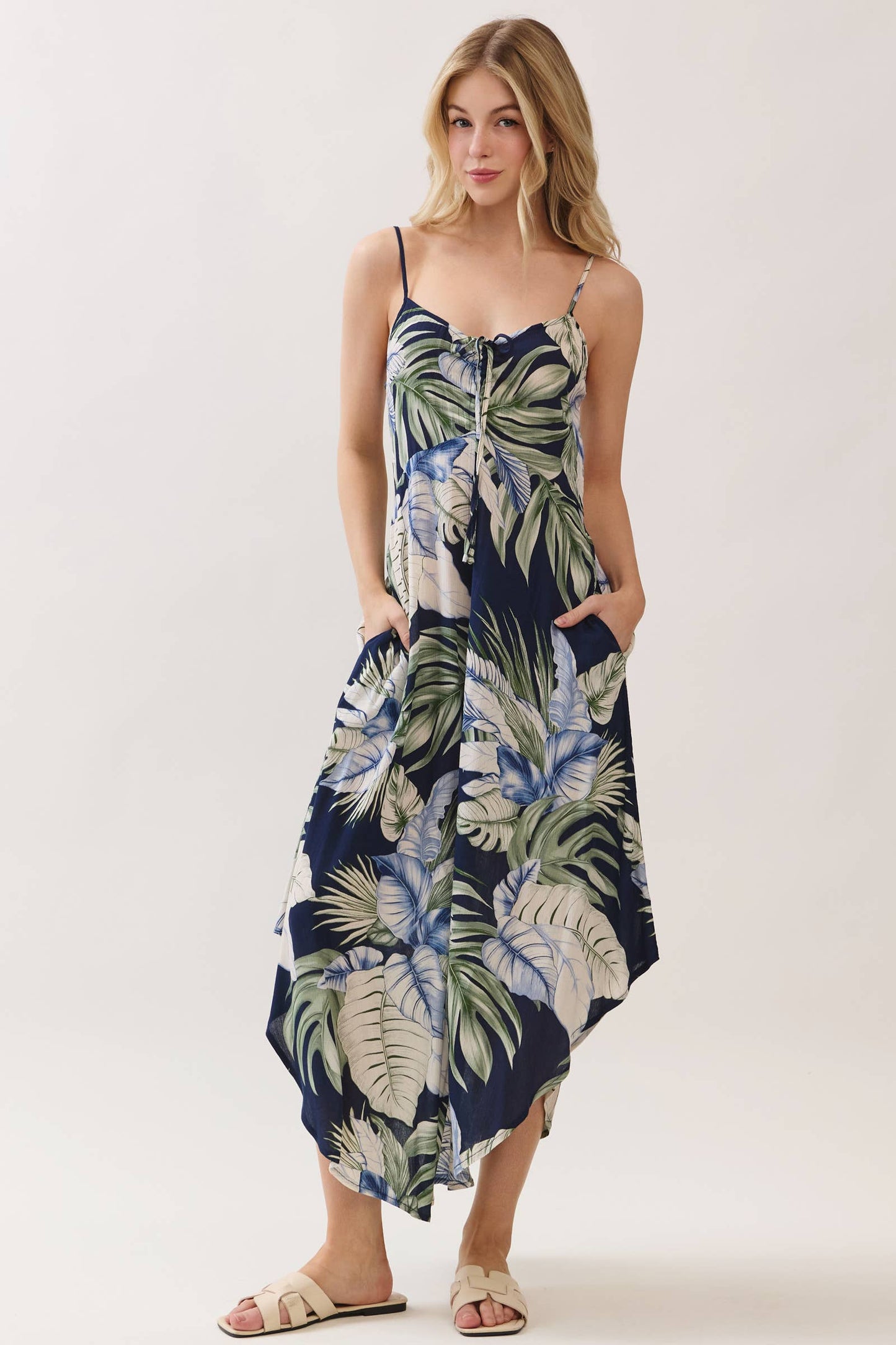 Navy Tropical Chest Ruched Midi Dress