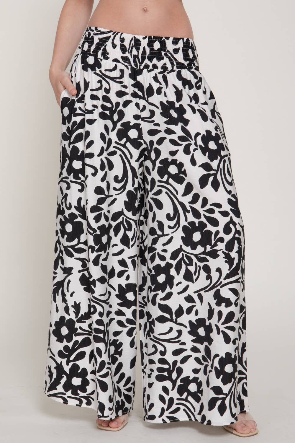 Black & White Smocked Woven Print Pants