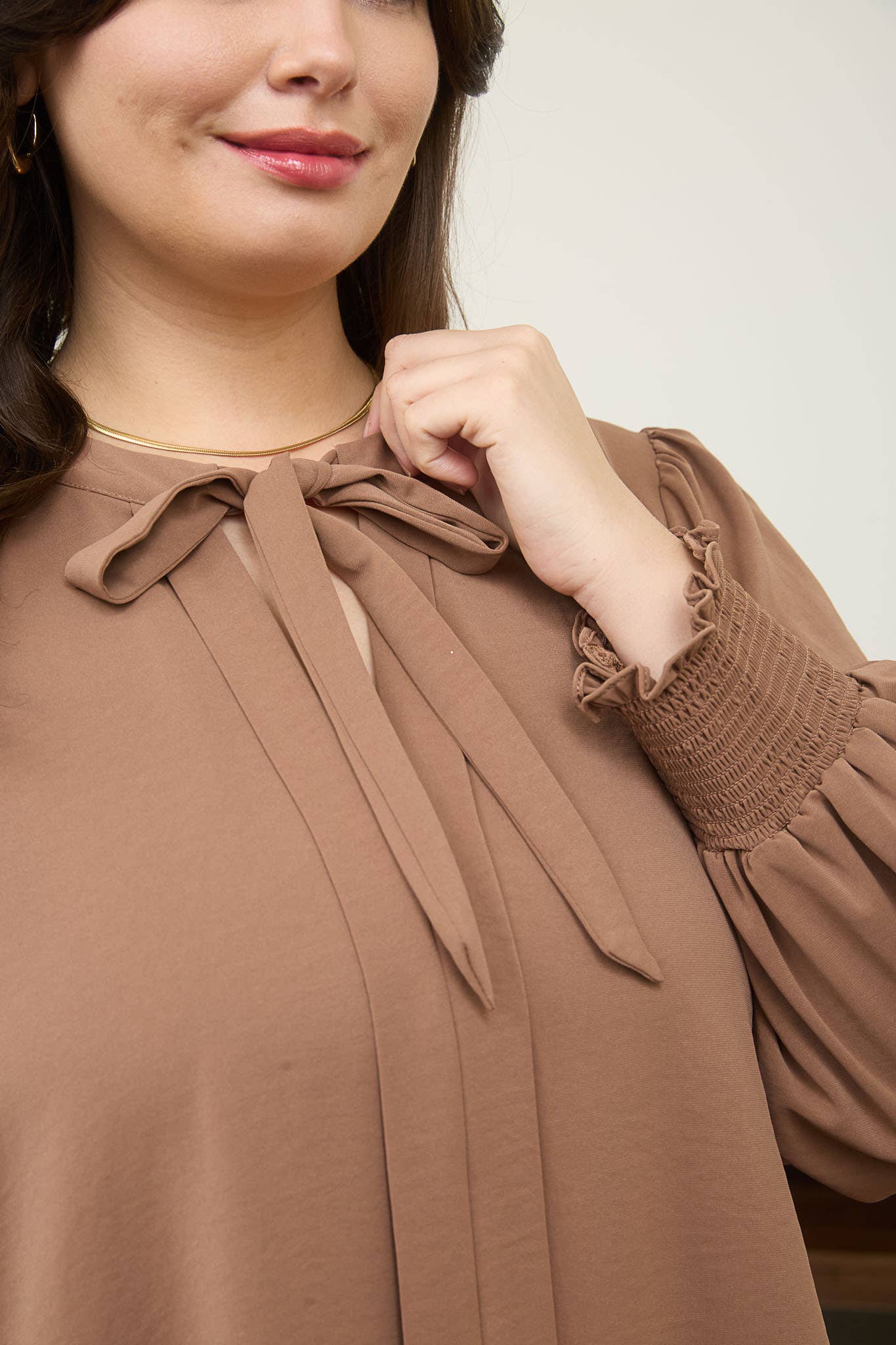 Almond Necktie Smock Cuffed Blouse