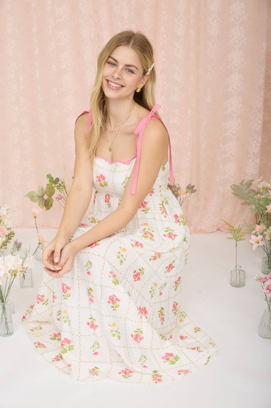 Pink Floral Tile Empire Waist Strappy Dress