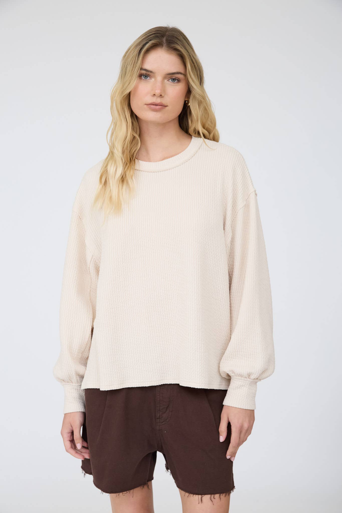 Natural - Textured Exposed Seam Oversized Knit Top