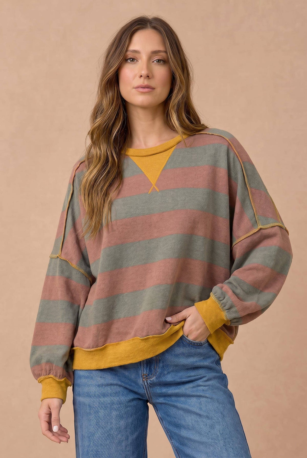 Cider Striped Color Block Hacci Pullover Top
