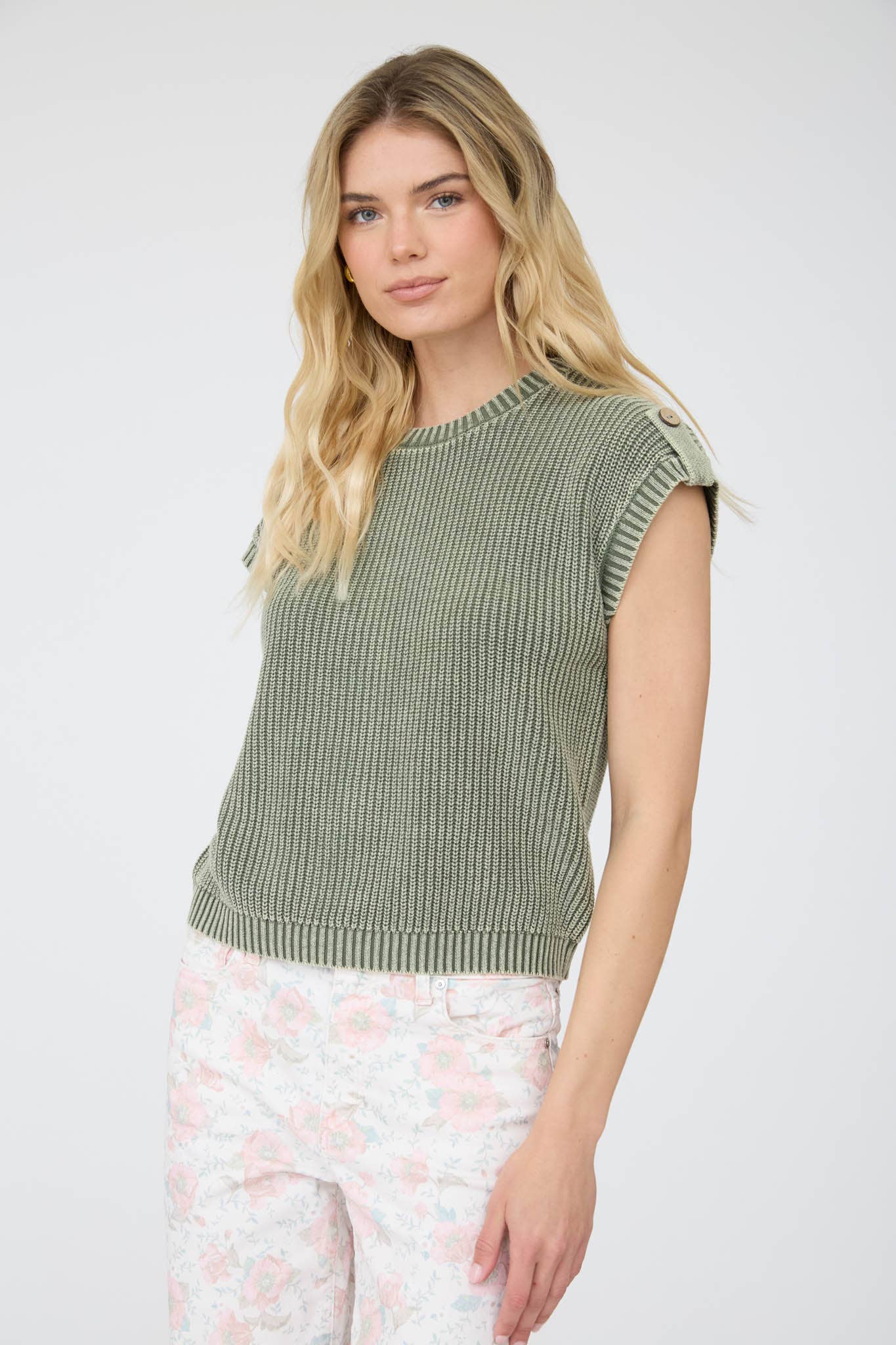 Olive Acid Washed Back Button Top