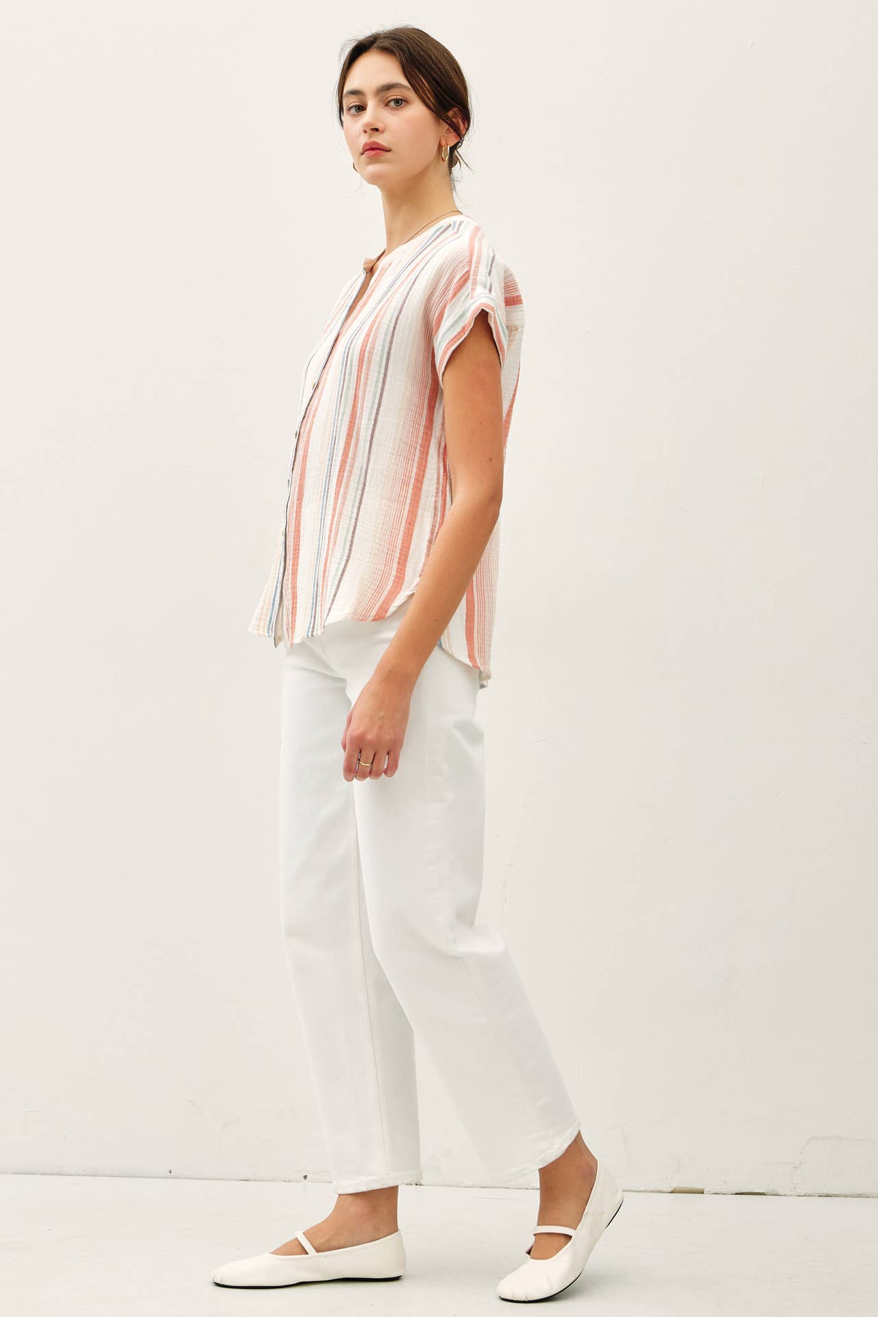 Papaya Striped Gauze V-neck Blouse