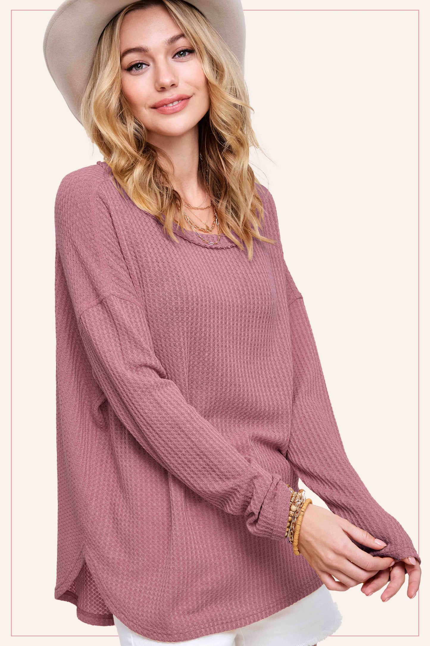 Berry Brushed Waffle Long Sleeve Top