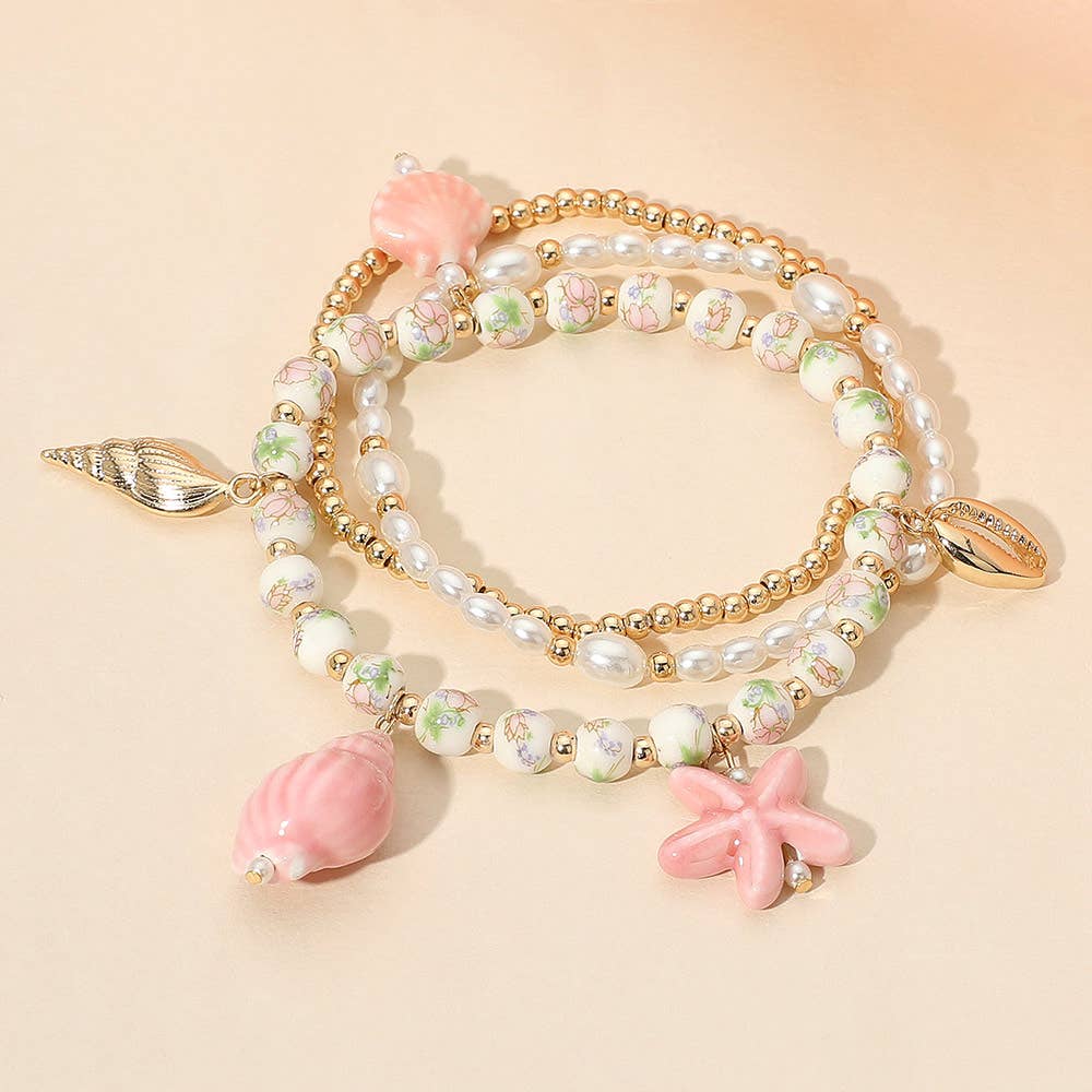 Pink Shell Charm Stretch Multi Layered Bracelets