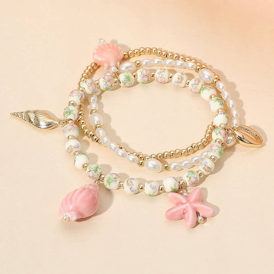 Pink Shell Charm Stretch Multi Layered Bracelets