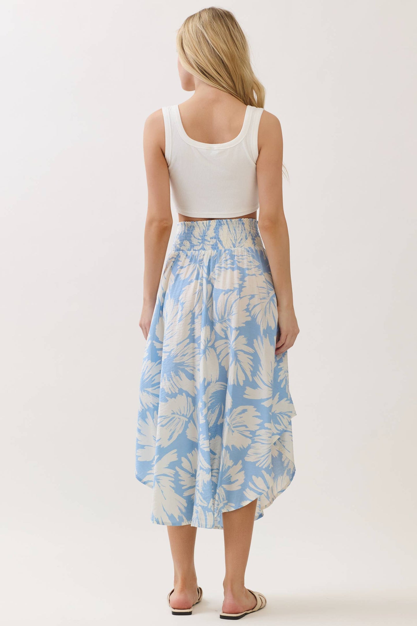 Light Blue Floral Waist Smocked Round Bottom Midi Skirt