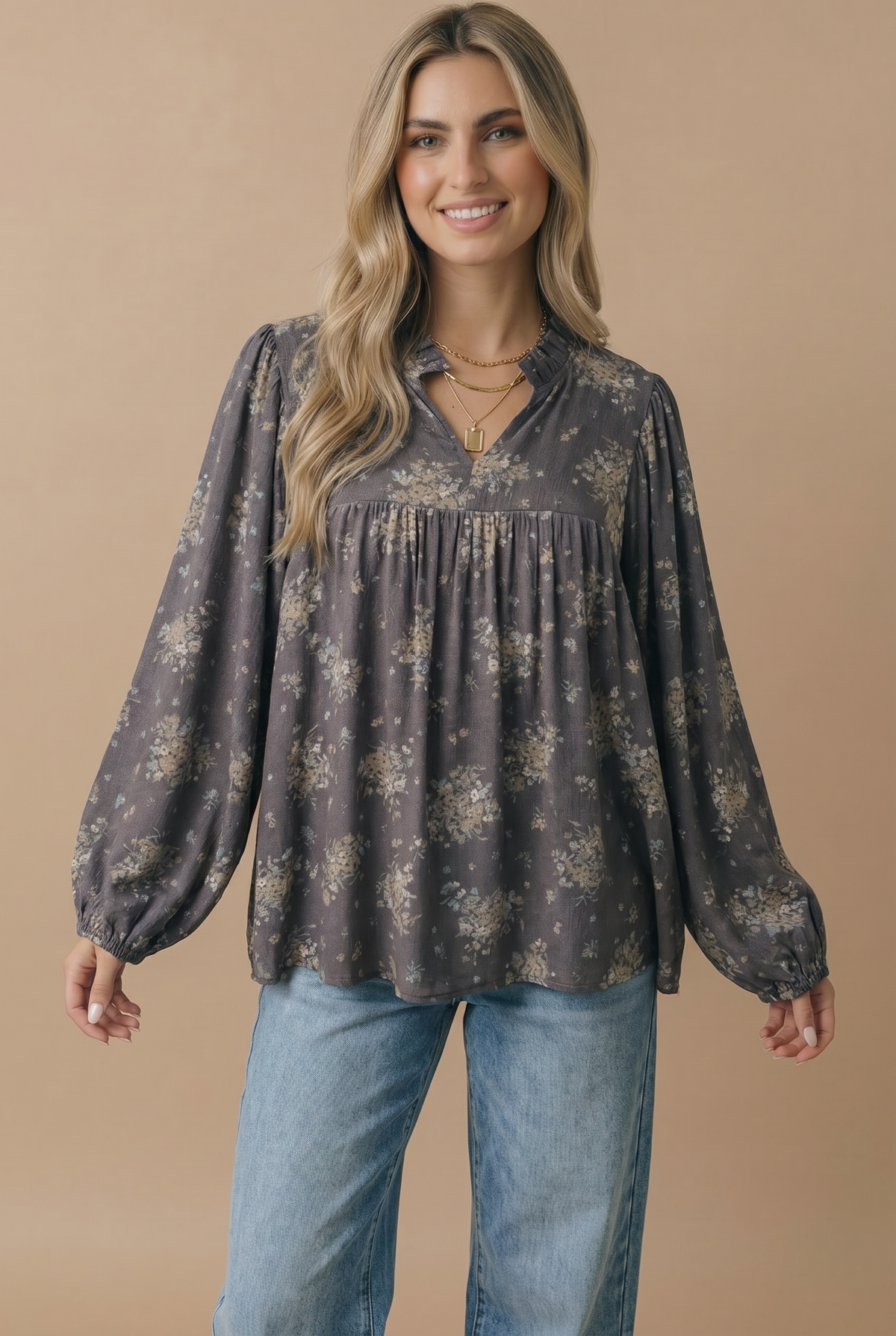 Charcoal Floral Frilled Notch Neck Woven Blouse