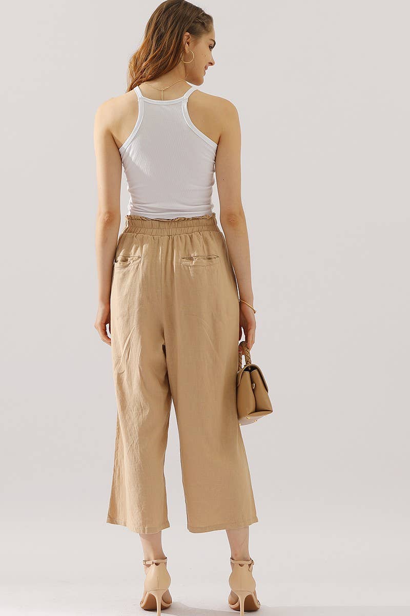 KHAKI LINEN CROPPED PANTS WITH SIDE POCKET
