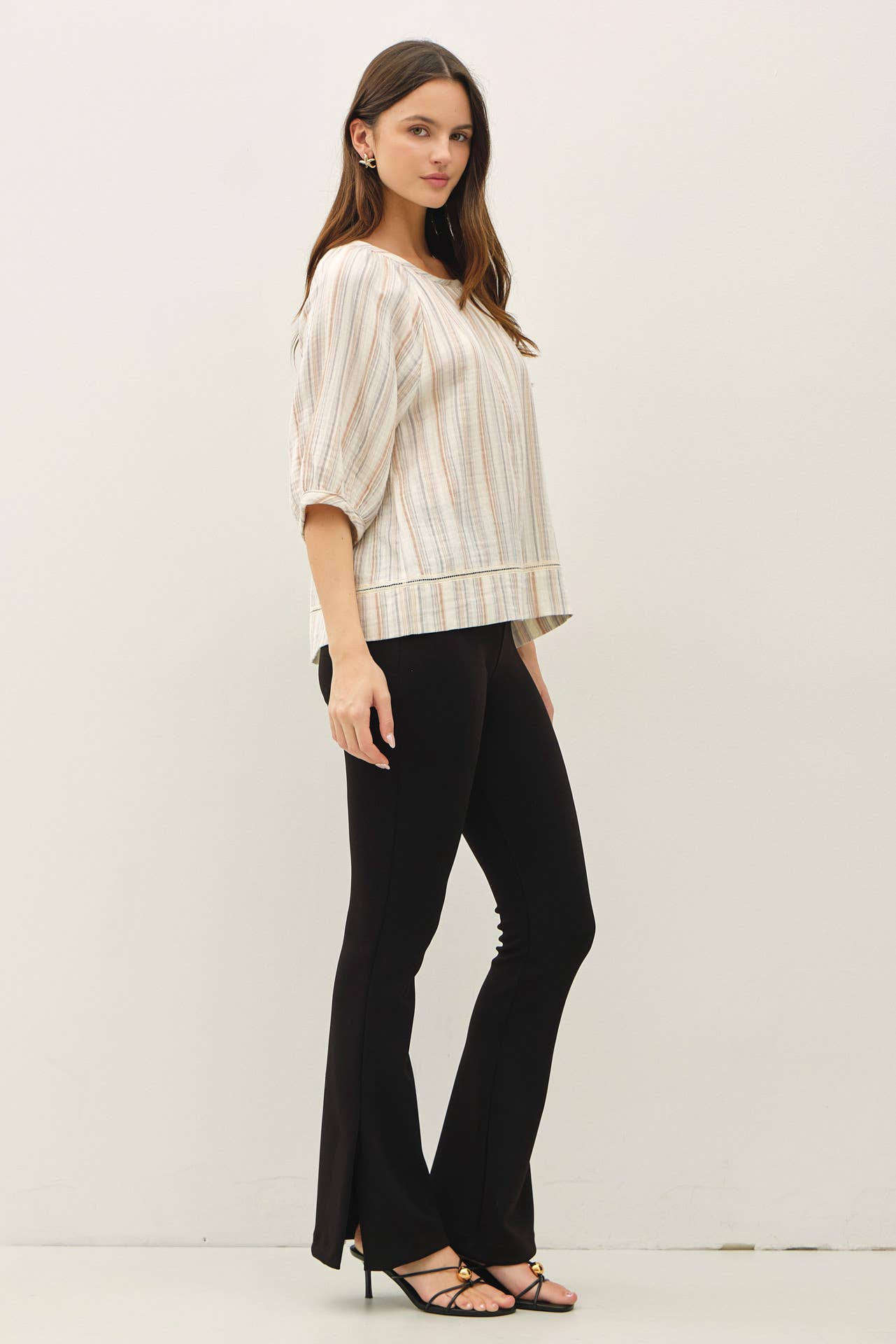Slate Striped Gauze 3/4 Sleeve Top