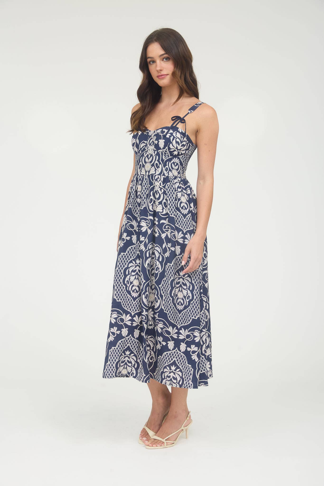 Navy Floral Damask Bow Detail Sleeveless Midi Dress