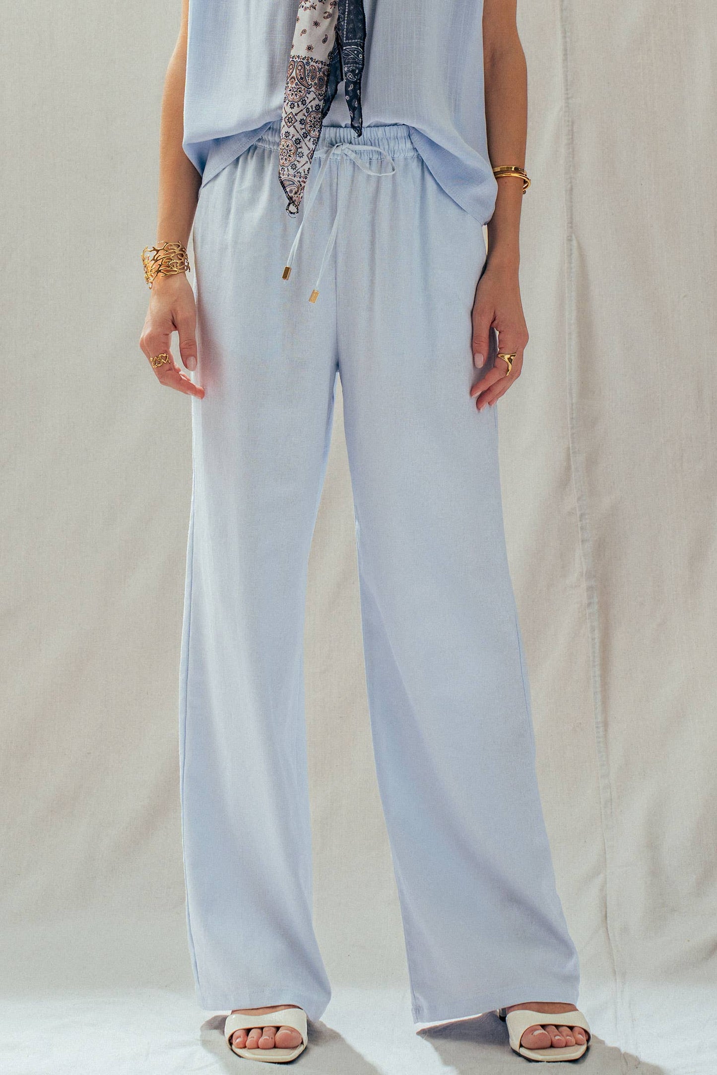 Blue Linen Blend Wide Leg Drawstring Pants