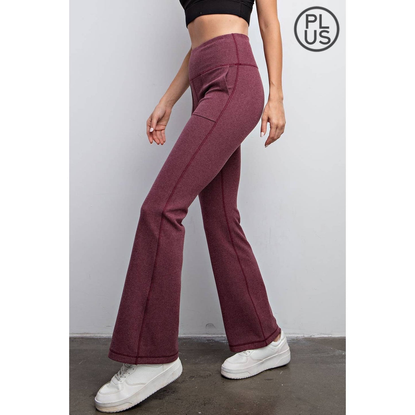 Cassis - Rib Brushed Bell Bottom Pants with Pockets