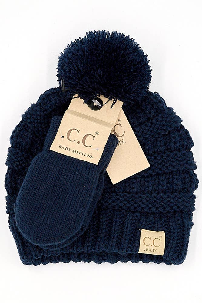 Baby Pom Beanie and Mitten Glove Set