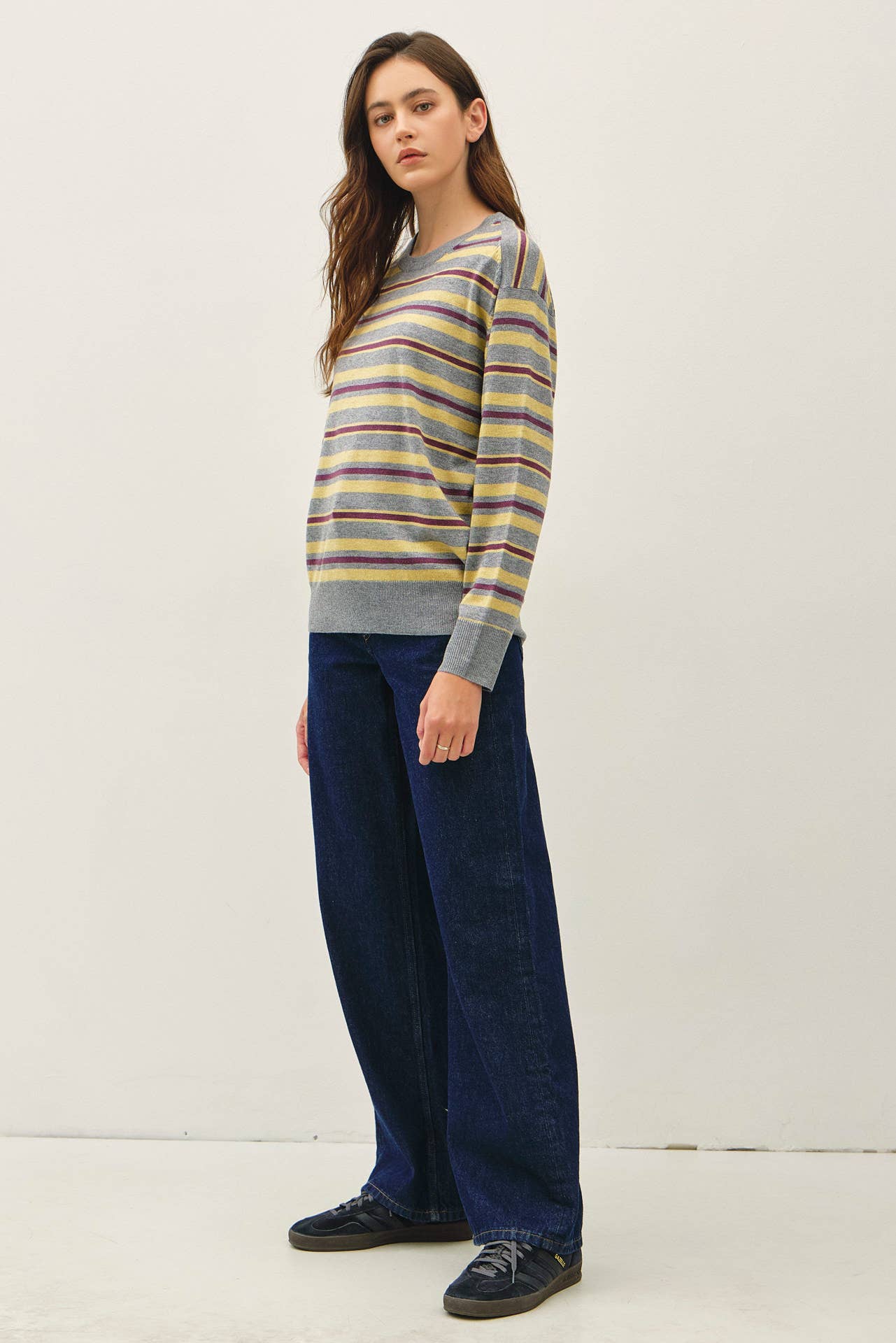 HEATHER GREY LIGHT WEIGHT STRIPED SWEATER