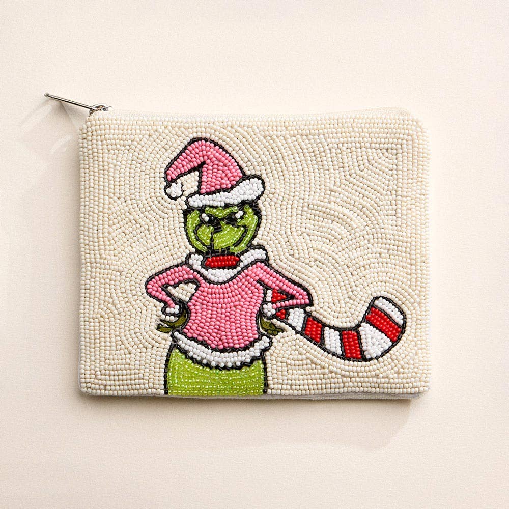 Christmas Grinch Beaded Mini Coin Pouch