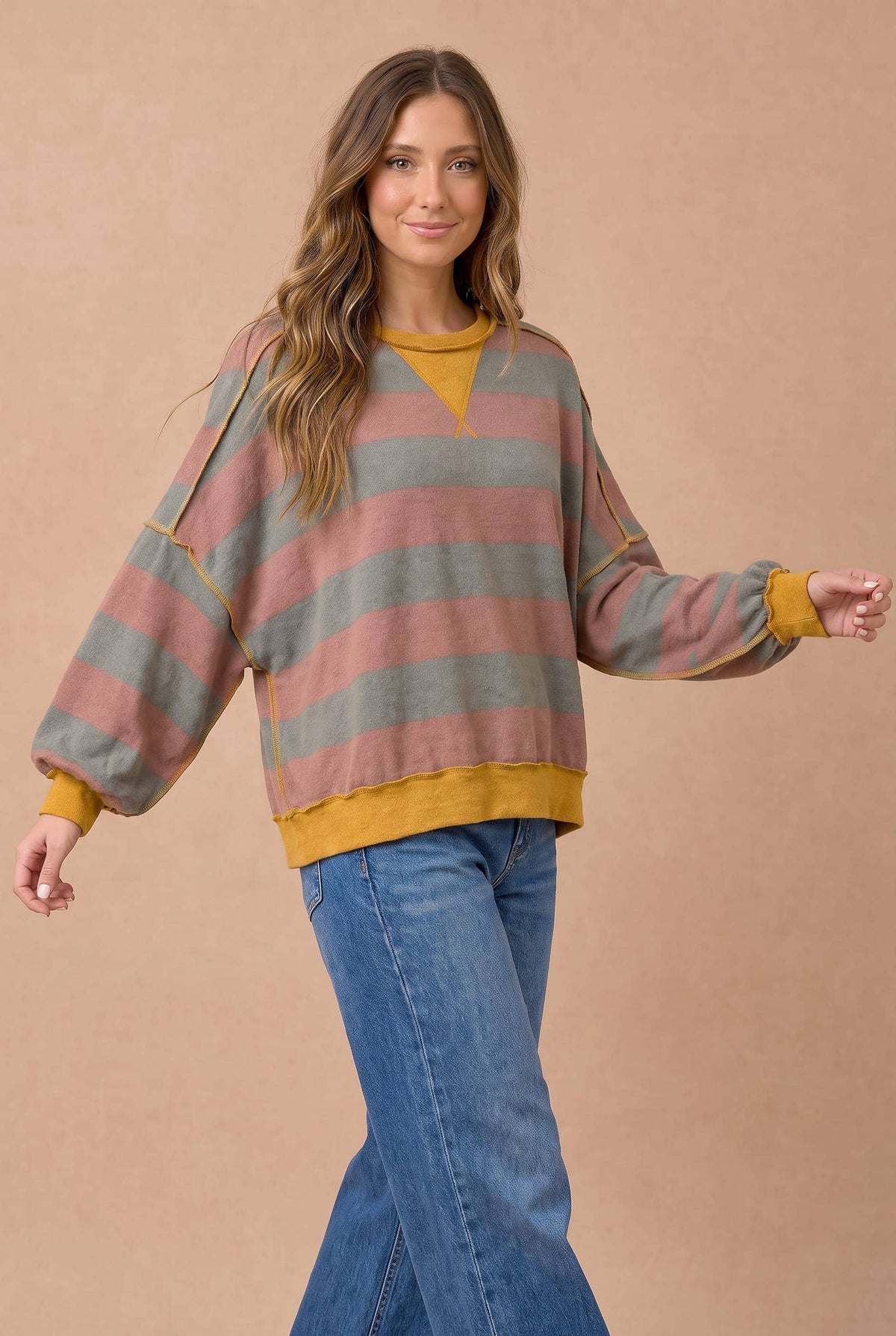 Cider Striped Color Block Hacci Pullover Top