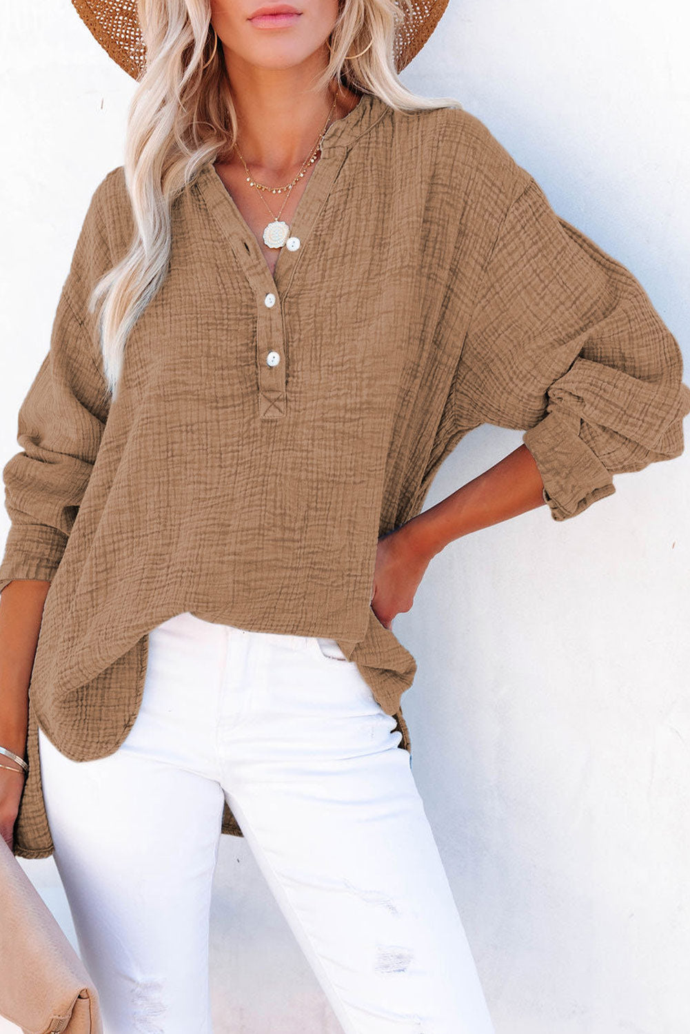 Cotton Crinkle Henley Top