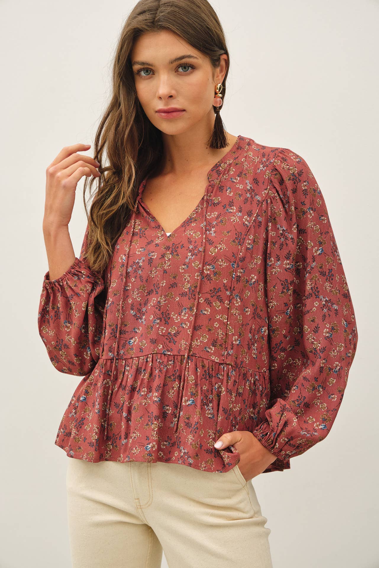 FLORAL PRINT V-NECK CHIFFON BLOUSE TOP