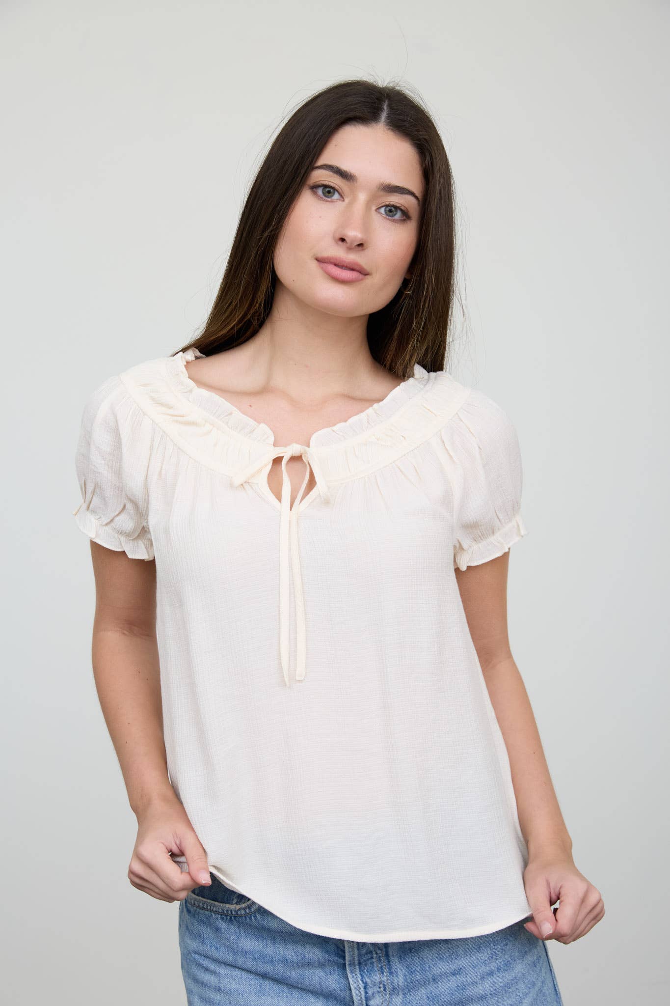 Cream Ruffled Boat Neck Front Tie Blouse