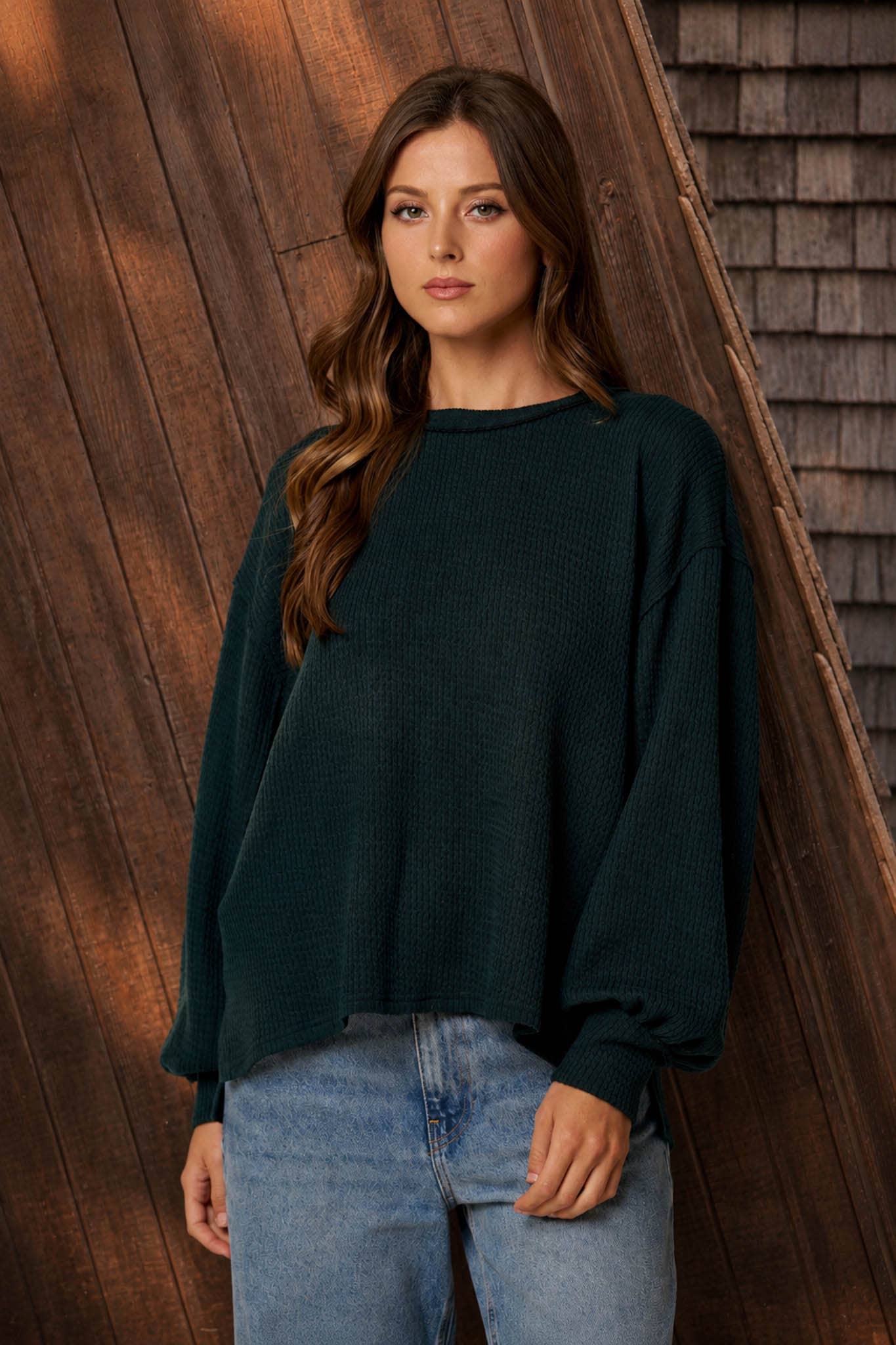 Hunter Green - Textured Exposed Seam Oversized Knit Top