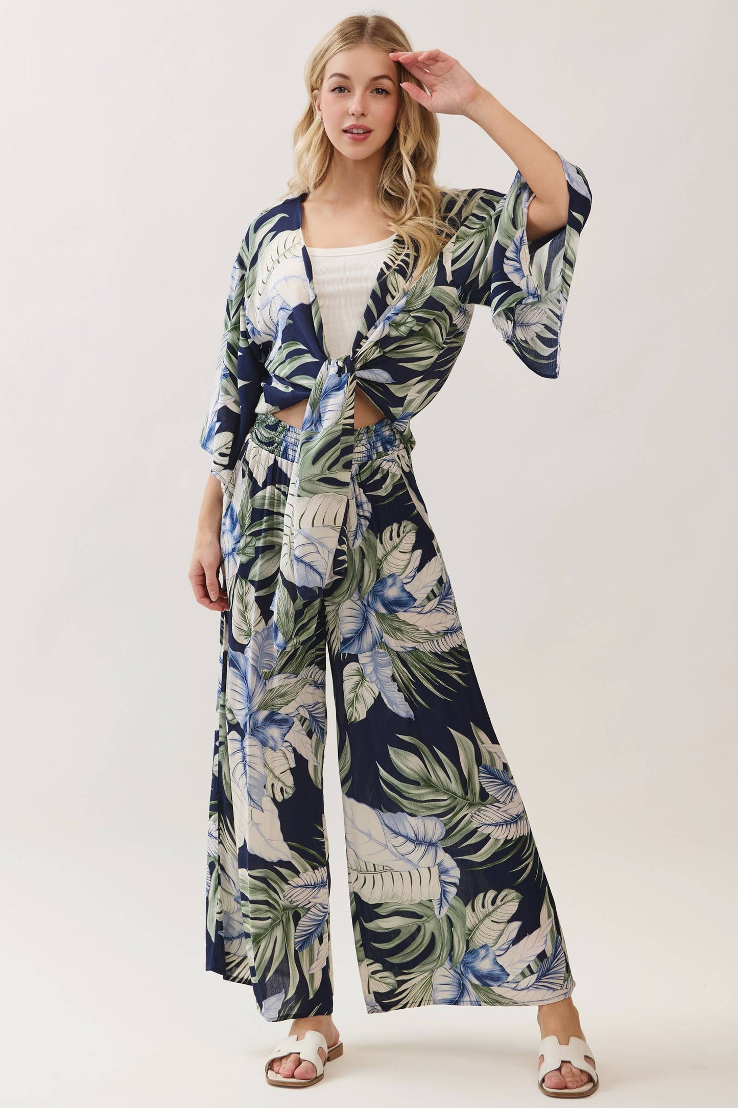 Navy Tropical Wide Leg Pant