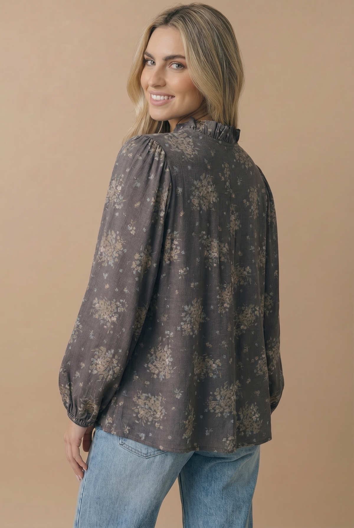 Charcoal Floral Frilled Notch Neck Woven Blouse