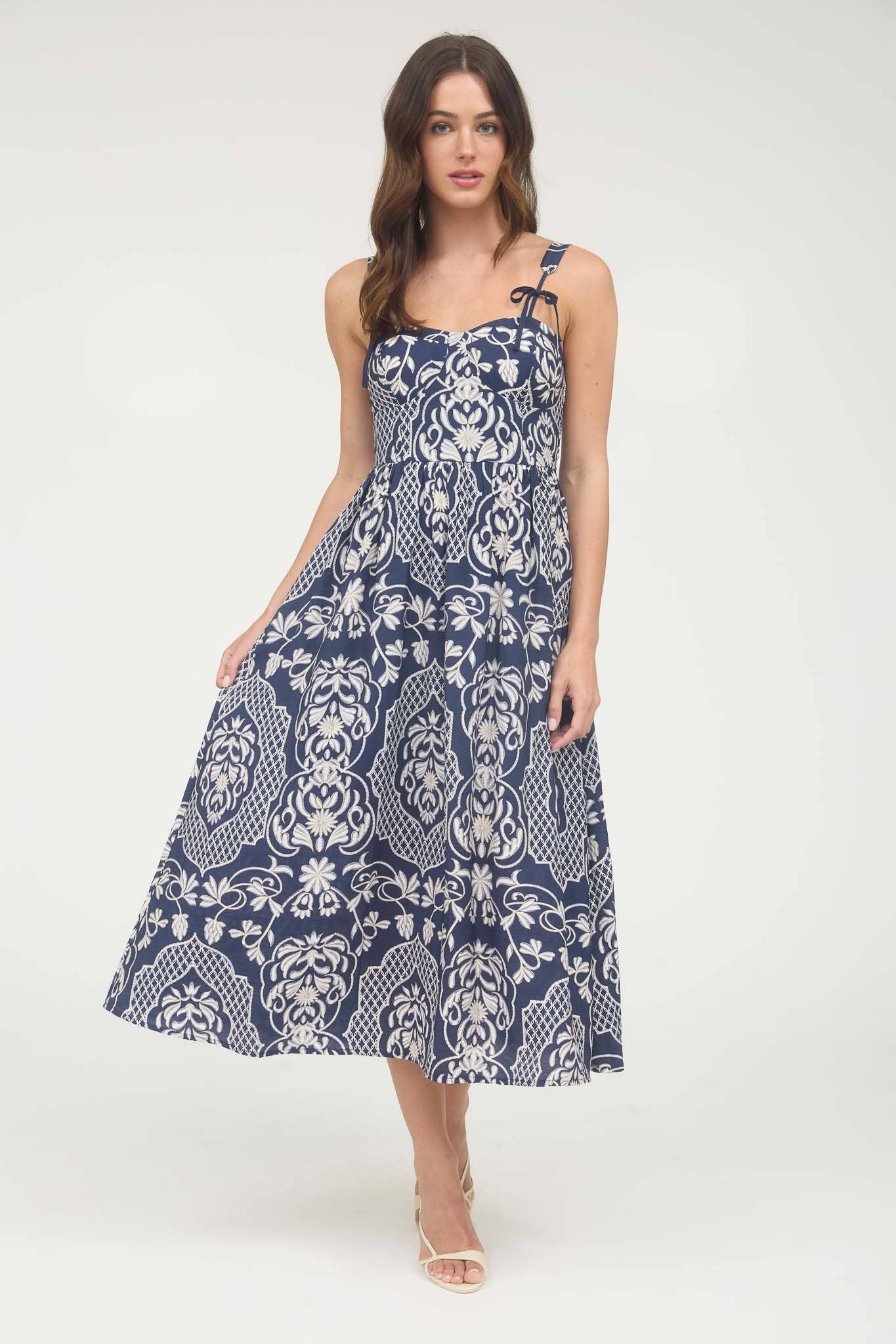 Navy Floral Damask Bow Detail Sleeveless Midi Dress