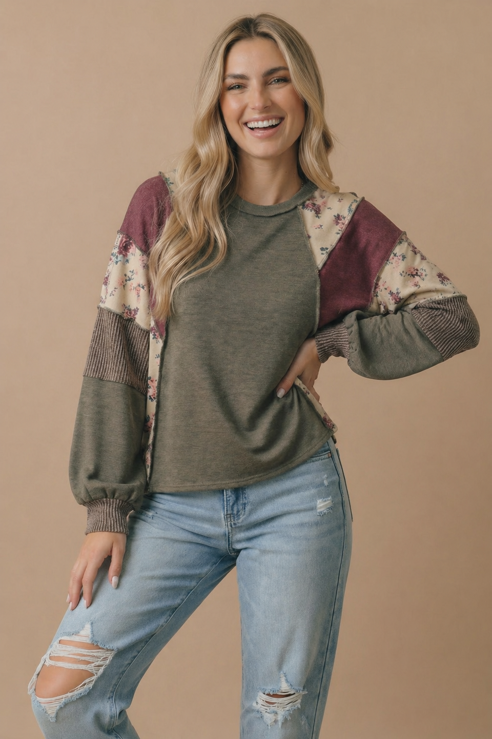 Olive Mixed Media Patchwork Pullover Knit Top