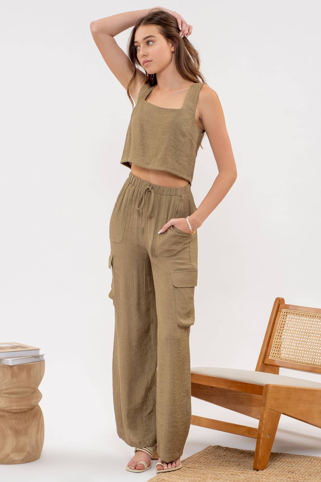 Olive Wide Leg Cargo Pants
