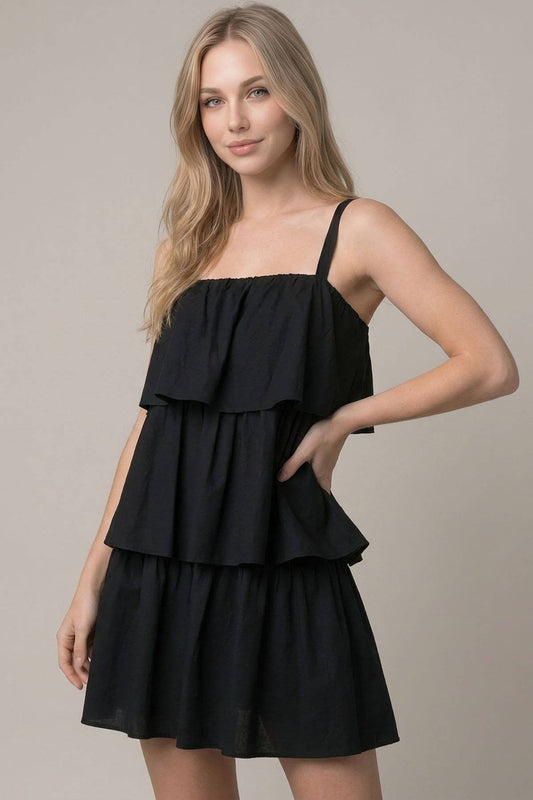 BLACK SQUARE NECK TIERED MINI DRESS