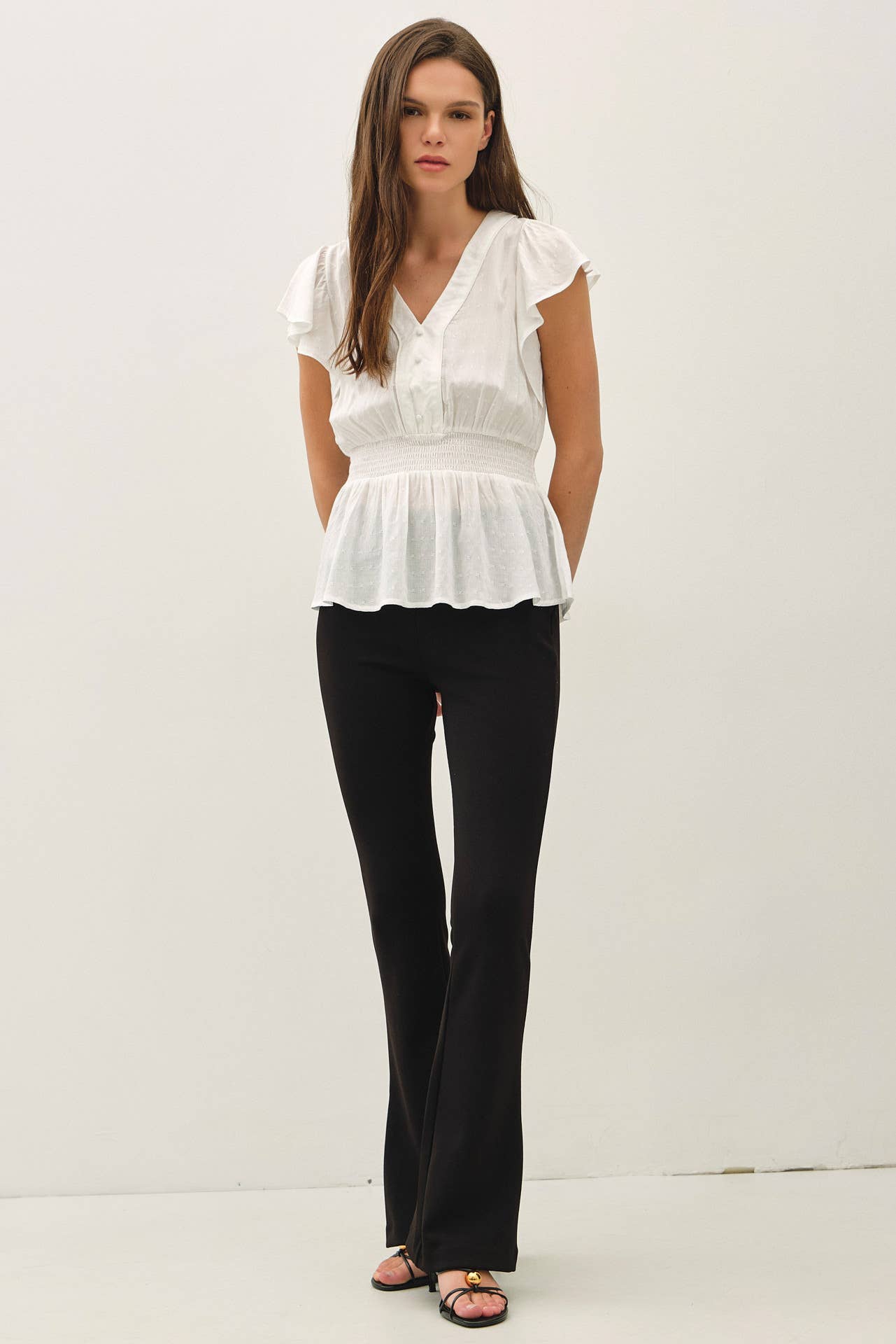 White Smocked Waist Baby Doll Top