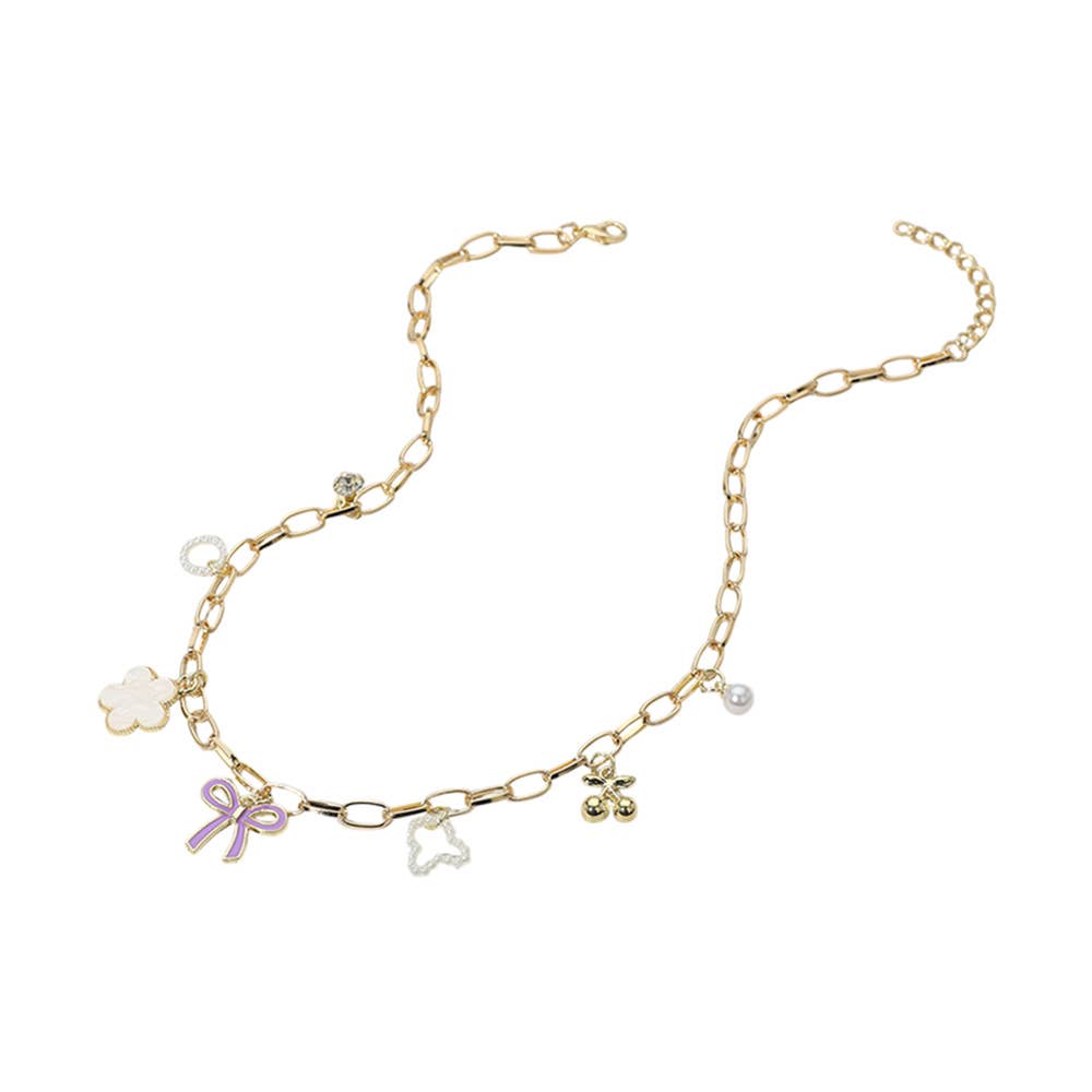Flower Bow Cherry Charm Necklace