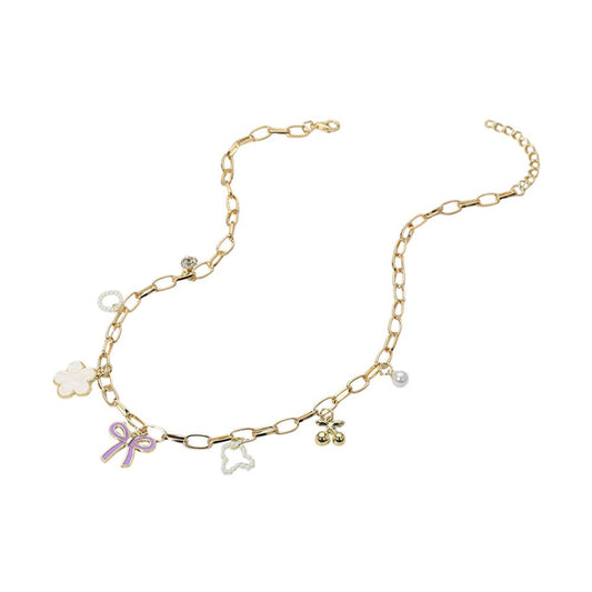 Flower Bow Cherry Charm Necklace
