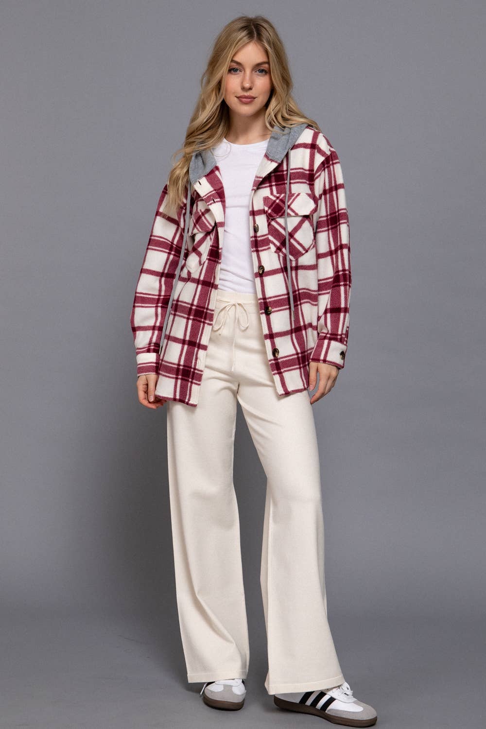 Wine Plaid Button Down with Hoodie Fleece Jacket