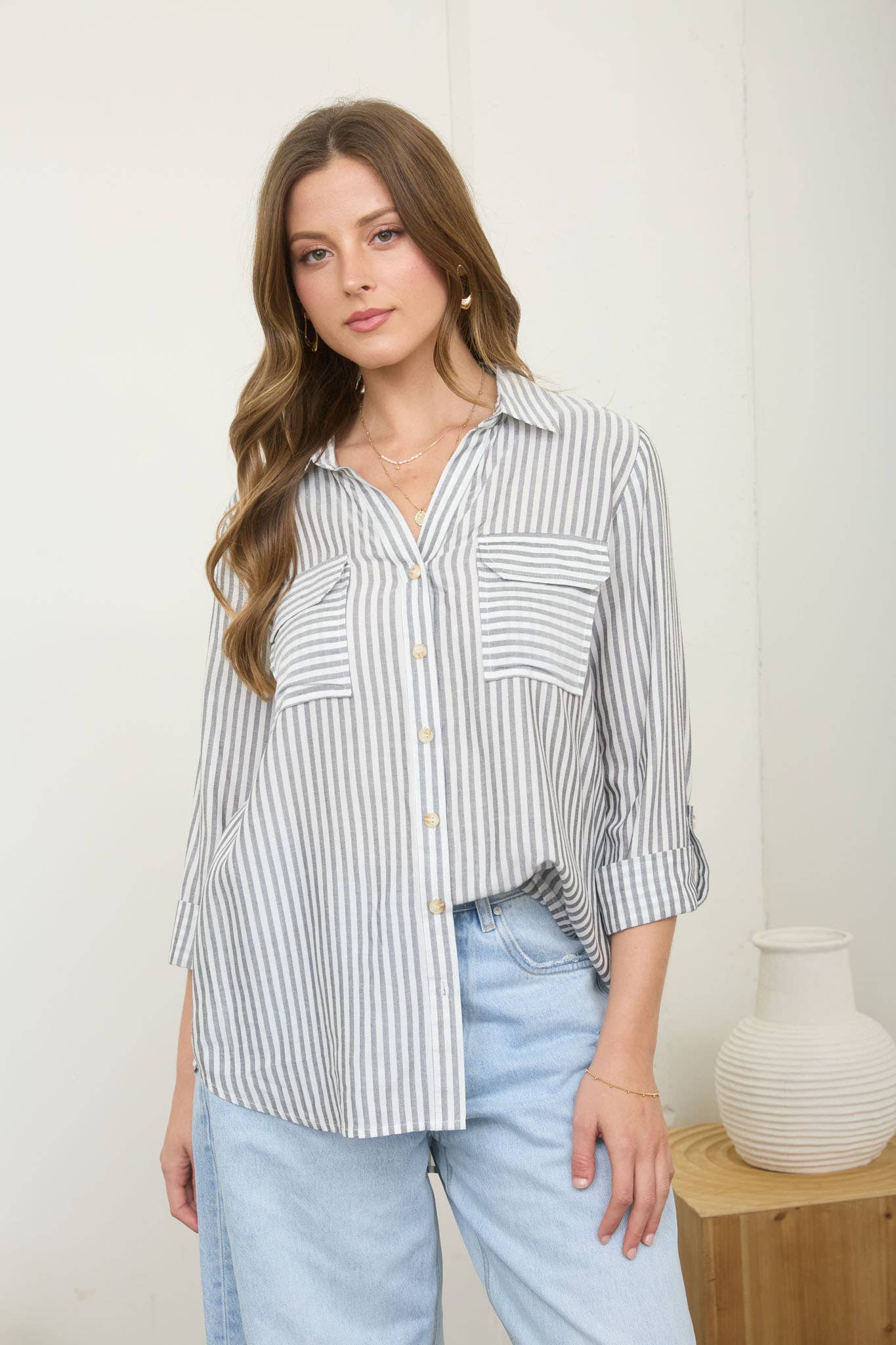 Grey Striped Collared Button Down
