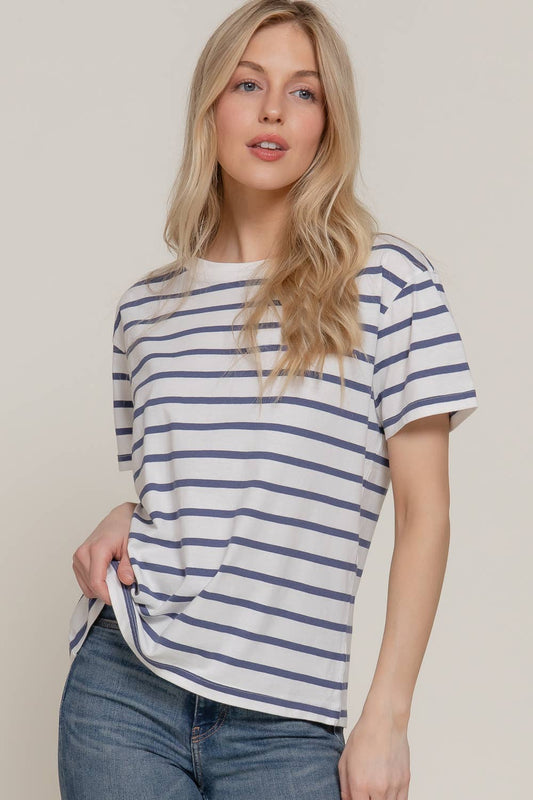 Blue Short Sleeve Striped Oversized Top