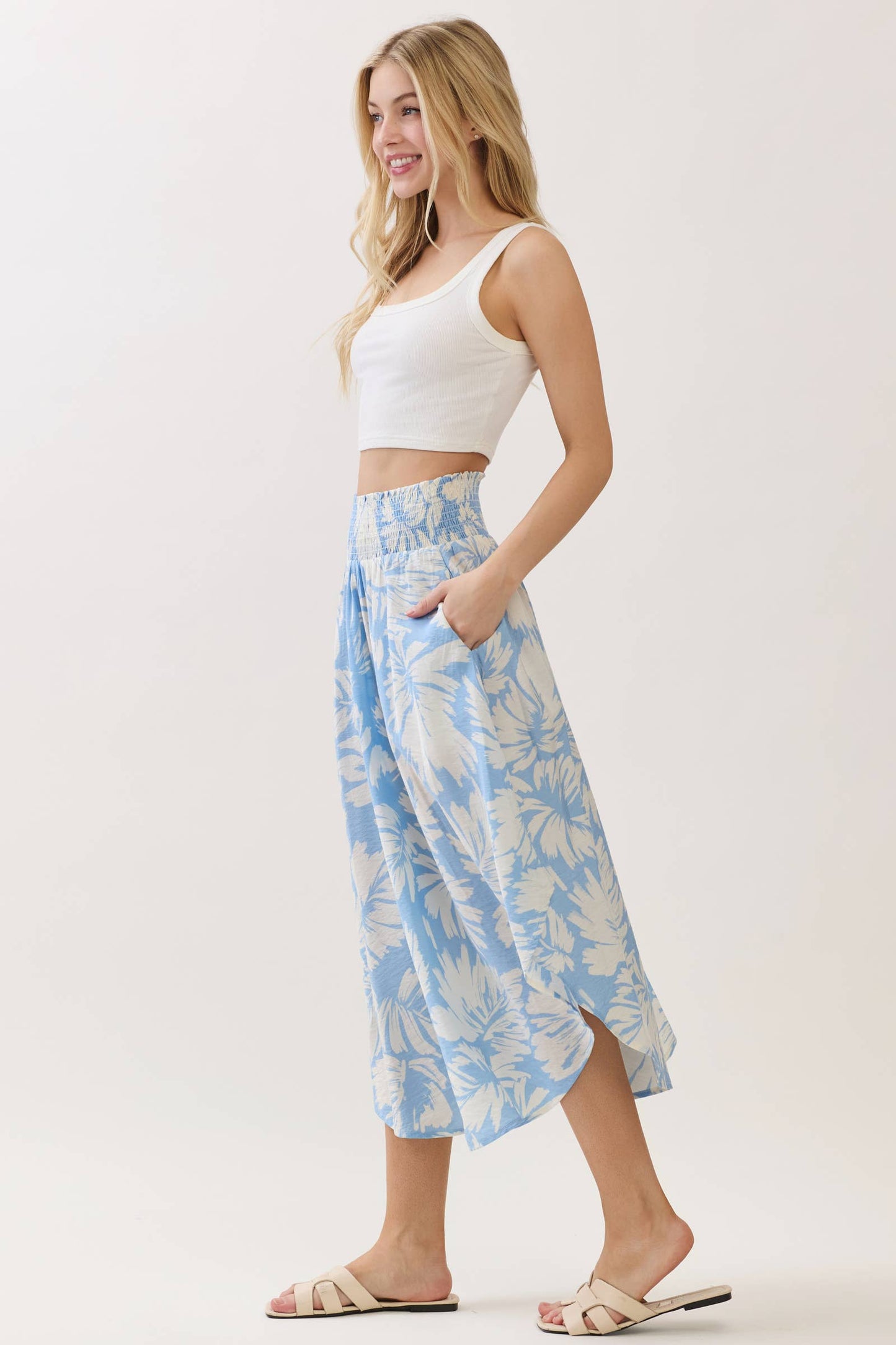 Light Blue Floral Waist Smocked Round Bottom Midi Skirt