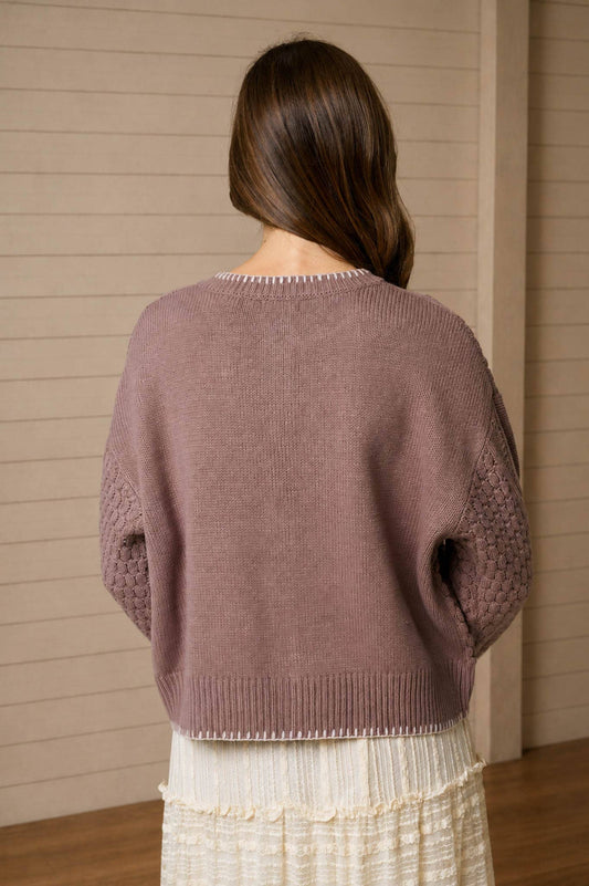 Taupe Floral Embroidery Constrast Stitch Cardigan