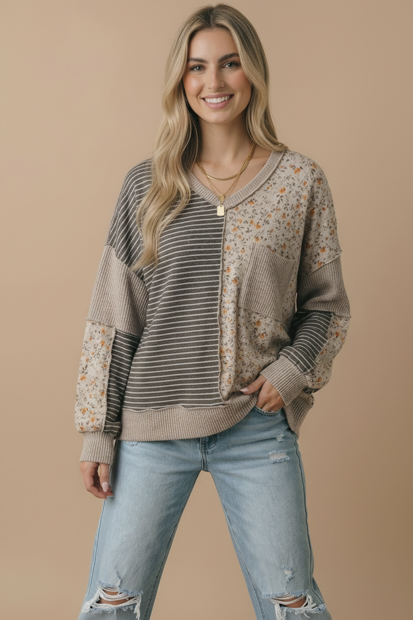 V Neck Color Block Outseam Top