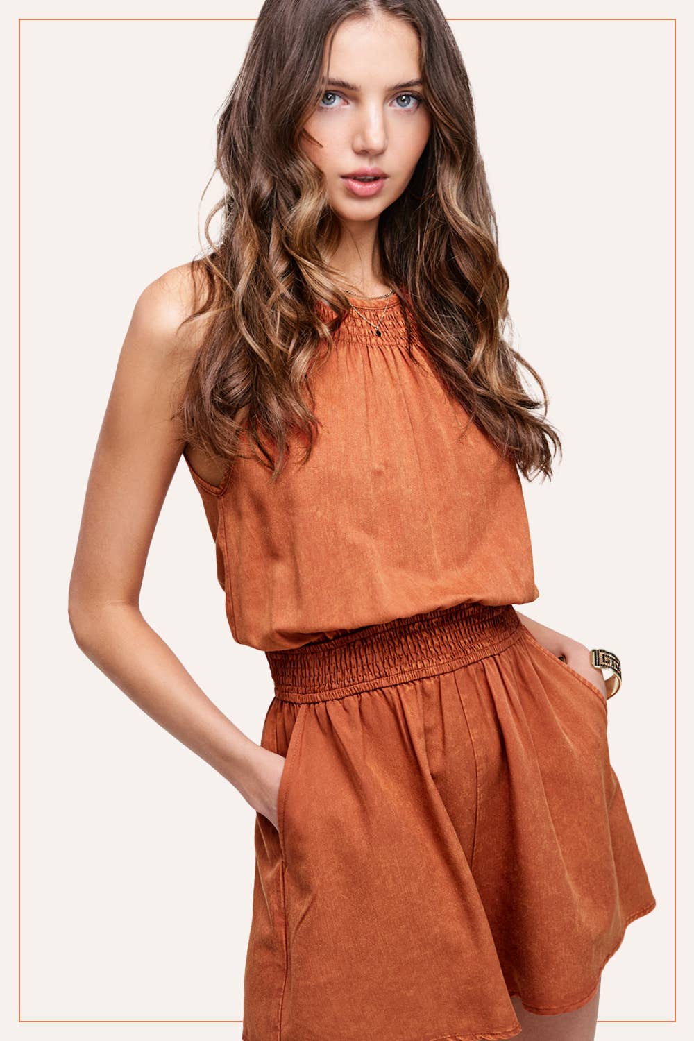 Ginger Mineral Washed Sleeveless Romper with Pockets