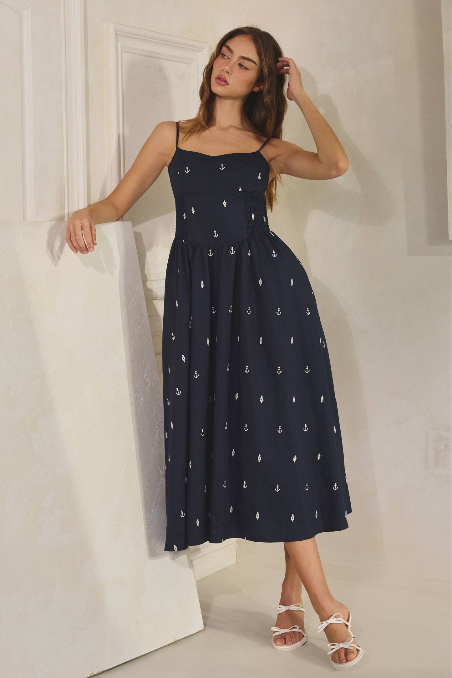 Embroidered Anchor Smocked Maxi Dress