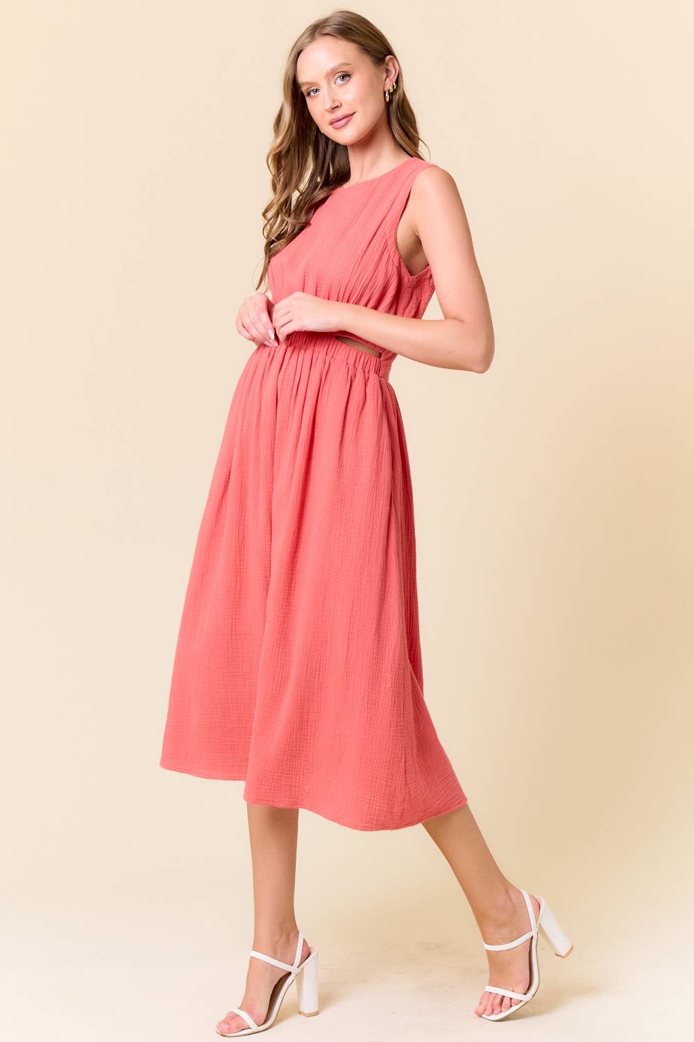 Coral Cut Out Waist Dress with pockets